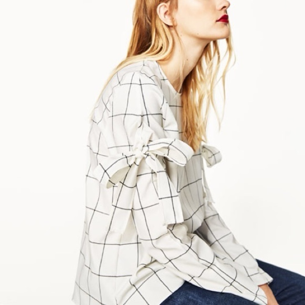 ZARA Black & White Windowpane Checkered Plaid Bow Sleeve Blouse Shirt Top Sz XS